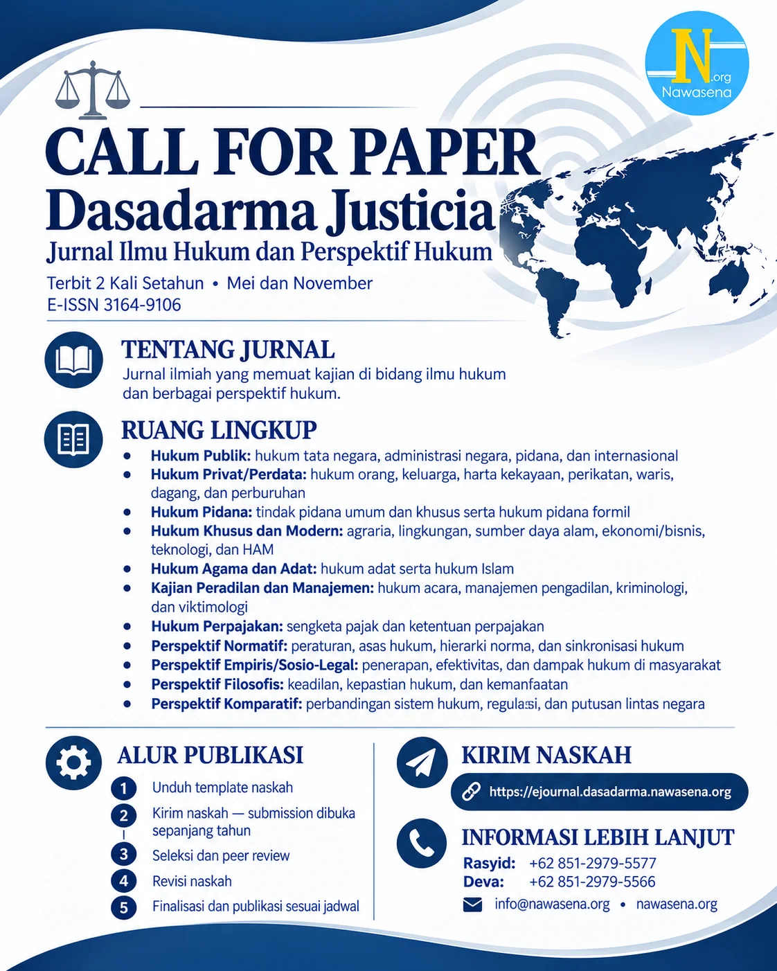 Call for Paper flyer for Dasadarma Justicia: Jurnal Ilmu Hukum dan Perspektif Hukum, E-ISSN 3164-9106