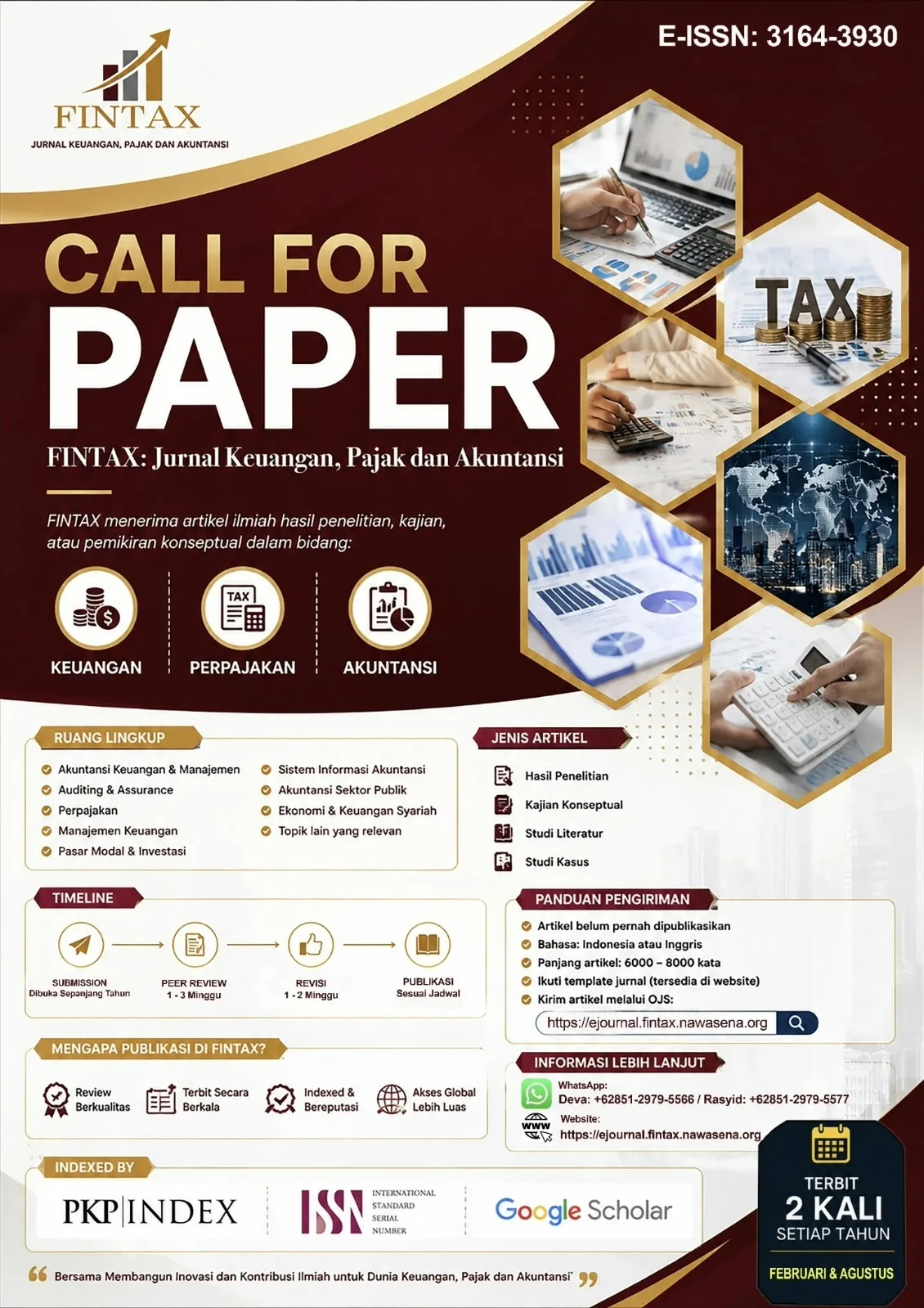 Call for Paper flyer for FINTAX: Jurnal Keuangan, Pajak dan Akuntansi, E-ISSN 3164-3930