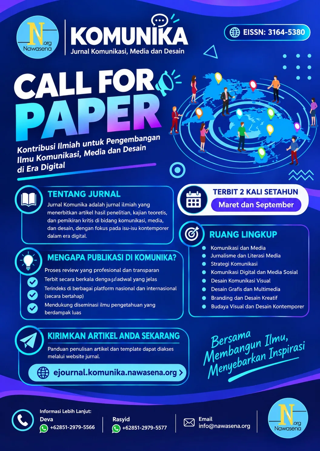 Call for Paper flyer for KOMUNIKA: Jurnal Komunikasi, Media dan Desain, E-ISSN 3164-5380