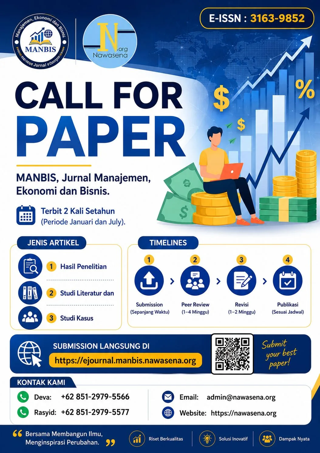 Call for Paper flyer for MANBIS: Jurnal Manajemen, Ekonomi dan Bisnis, E-ISSN 3163-9852